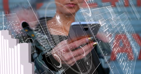Woman Analyzing Data on Smartphone with Abstract Financial Graphics