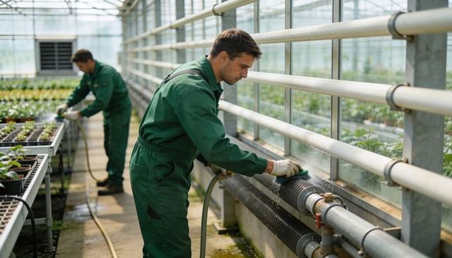 Greenhouse workers cleaning irrigation pipes and maintaining seedling benches for nursery care
