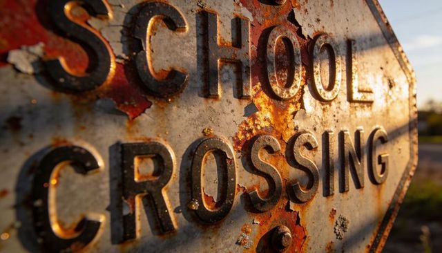 Rusty weathered school crossing sign closeup with raised letters peeling paint patina