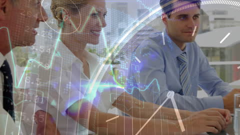 Business Team Analyzing Data with Futuristic Graphics Overlay