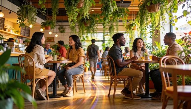 Friends chatting and sipping coffee in greenery-filled cafe with wooden tables and pastries