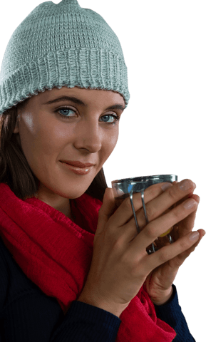 transparent young woman in winter hat holding tea cup - Download Free Stock Videos Pikwizard.com