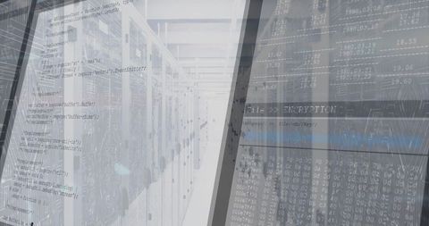 Data Center Corridor with Code Overlay for Digital Technology Concept