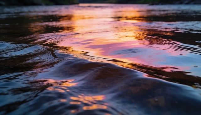Sunset reflecting on calm water, pink gold ripples gliding across low angle lake surface