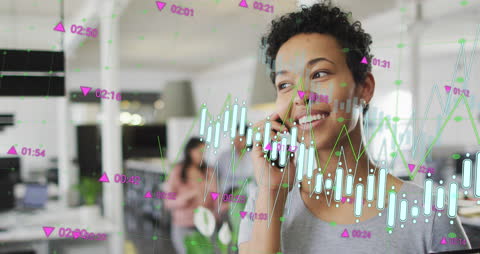 Smiling Businesswoman Analyzing Financial Data on Phone