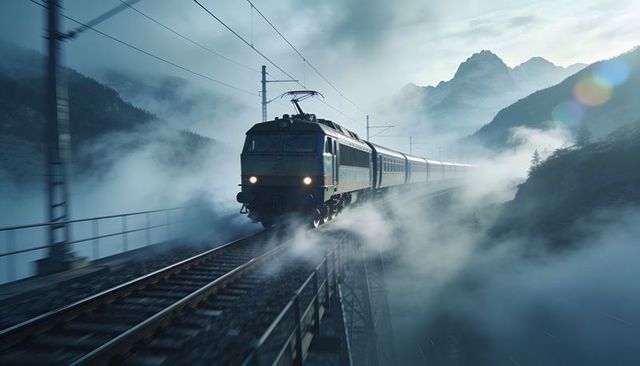 Electric passenger train crossing foggy alpine trestle bridge at dawn