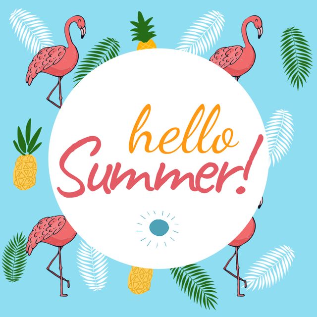 Hello summer text in yellow and pink with flamingos, pineapples and palm leaves on blue background. Celebration of summer season and vacations.