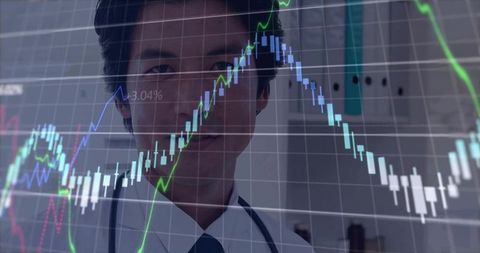 Japanese Doctor Analyzing Financial Data Overlay, Medical Professional Reviewing Market Charts