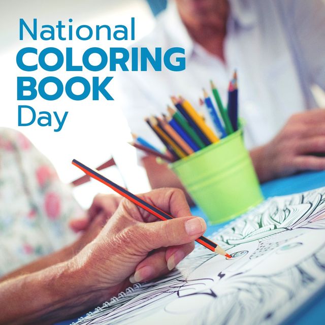 Composite of national coloring book day text and hand of caucasian senior woman coloring on book. art, colors, recreational, retirement, healthcare and wellness concept.