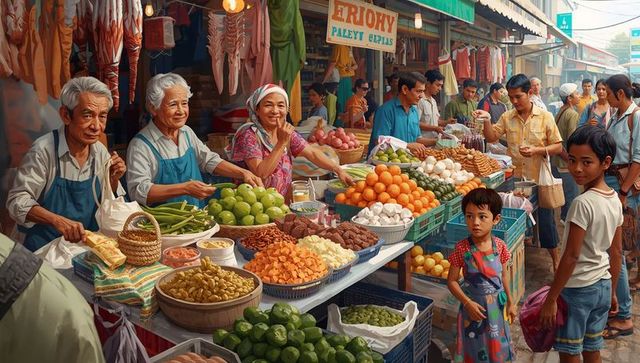 Smiling senior vendors selling citrus, vegetables and cured meats at vibrant open-air market