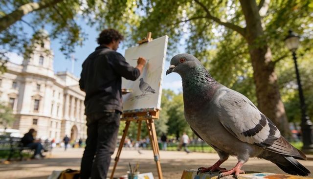 Curious pigeon perching in front of artist sketching on easel in sunlit historic city park