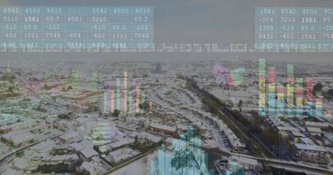 Data Visualization Overlay on Snowy Urban Suburb Aerial View