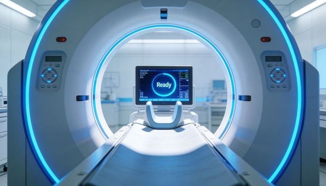 Futuristic mri gantry with blue led ring and ready monitor on patient table clinical radiology suite