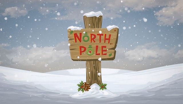 Rustic north pole wooden signpost standing in snowy plain with holly and falling snow