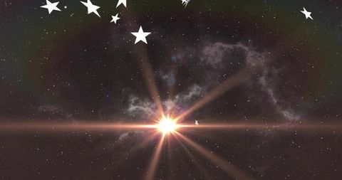 Emanating stellar flare casting lensflare rays through nebula halo with star cutouts