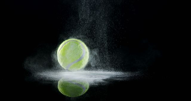 Dynamic composition of a tennis ball hitting powder, creating dramatic dust effect with reflection. Ideal for sport campaigns, fitness ads, training materials, or articles focusing on tennis and related competitive themes. Can be used to emphasize the speed and intensity of sports activities.