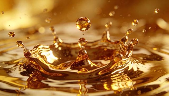 Golden liquid splash crown with suspended droplet macro high-speed glossy abstract amber