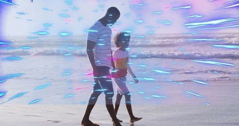 Father and Son Walking on Vibrant Beach Adventure