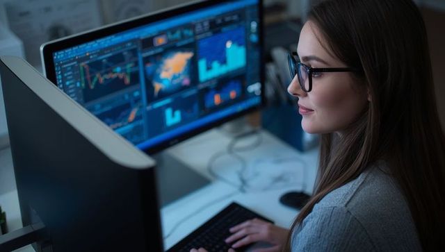 Professional woman analyzing data dashboards on dual screens in modern office