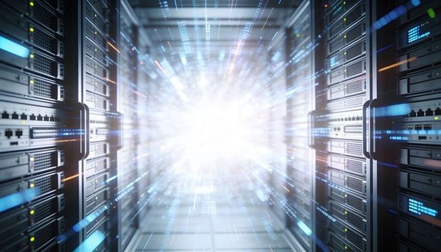 Pulsing light in server aisle visualizing high-speed data flow and cloud infrastructure
