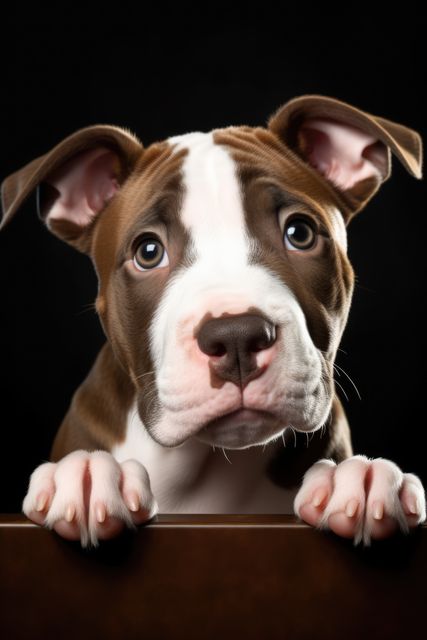 Brown Boxer puppy with a white patch on its face is looking curiously with big eyes. Its paws rest gently on a surface. Ideal for use in pet advertisements, veterinary clinic promotions, or animal welfare campaigns.