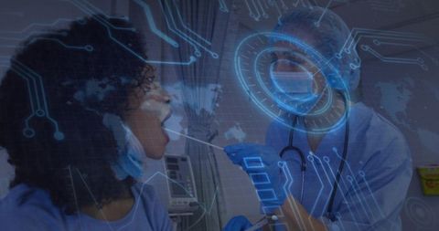 Healthcare Professional Swabbing Patient in Clinic with Tech Interface