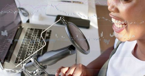 Woman podcaster recording from home office with condenser microphone and waveform overlay