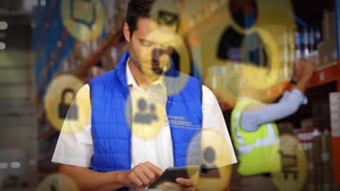 Warehouse Worker Holding Smartphone with Digital Icon Overlay