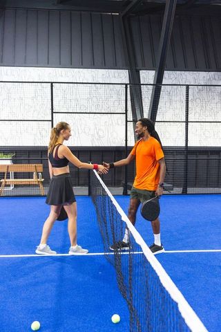 Diverse athletes shaking hands across paddle court net indoors