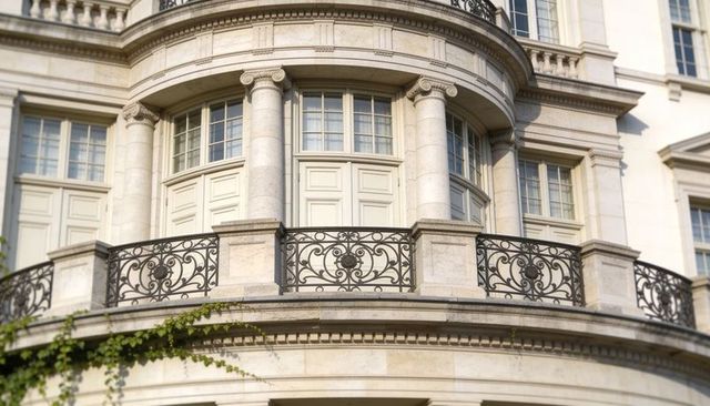 Sunlit curved balcony with ornate wrought-iron railing on classical stone facade