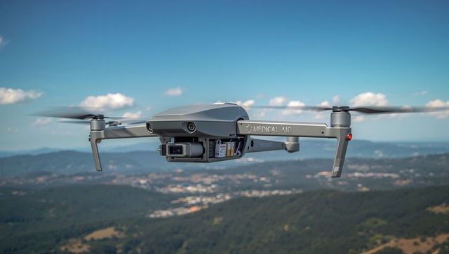 Medical aid drone hovering over rural hills carrying emergency payload with camera gimbal