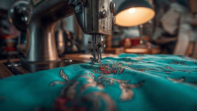 Vintage sewing machine crafting floral design on blue fabric