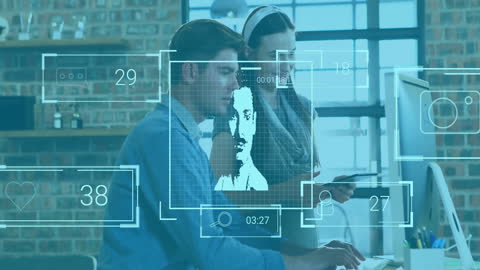 Professionals Collaborating with Futuristic Data Interface