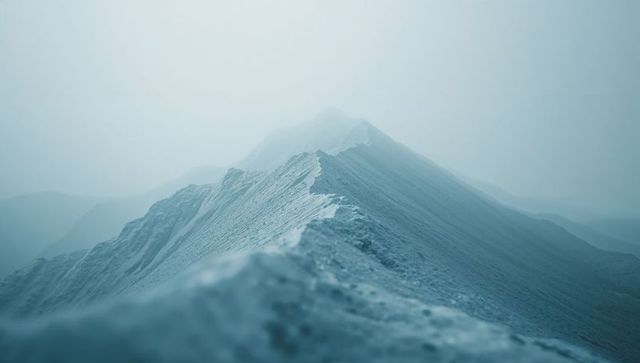 Snow-Covered Mountain Ridge in Misty Fog