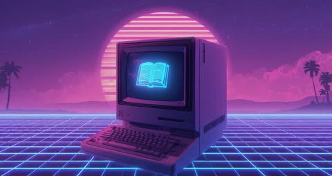 Retro Vintage Computer Displays Neon Book in Futuristic Cyberpunk Scenery