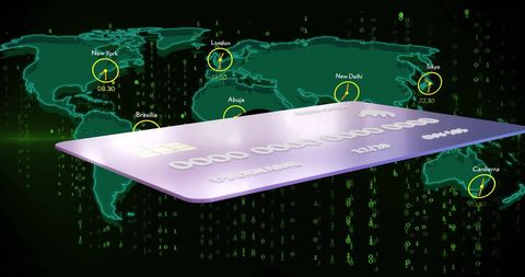 Global cybersecurity and financial transactions overlaid on world map