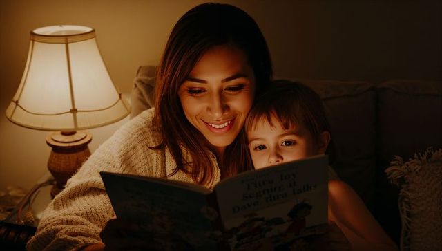 Woman and Child Reading Bedtime Story on Couch under Warm Lamp Light, Cozy Knit Sweater