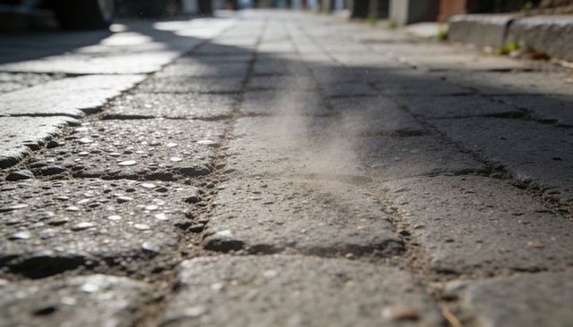 Low-angle sunlit pavement close-up showing pavers, grit, water droplets and rising steam