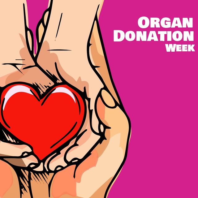 Ideal for promoting organ donation awareness campaigns and events. Can be used in social media posts, healthcare brochures, or educational materials to illustrate the significance of organ donation and encourage public participation. Bright pink background draws attention, making it effective for both digital and print media.