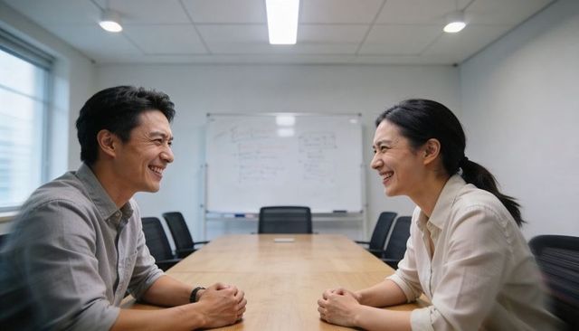 Smiling coworkers sitting across wooden table collaborating during friendly office meeting