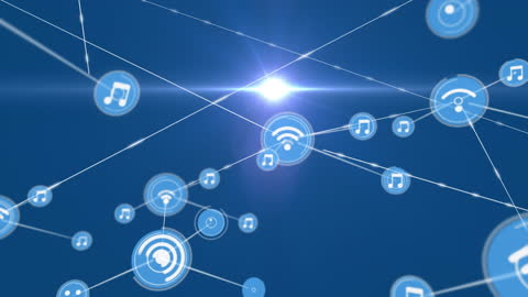 Digital Network of Multimedia Icons on Blue Background