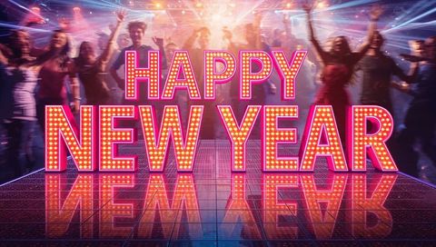 Happy new year marquee lights on glossy dance floor with dancing crowd and laser beams