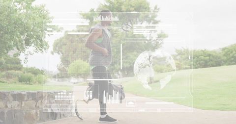 Adaptive athlete standing with running blade and duffel bag with futuristic data overlay