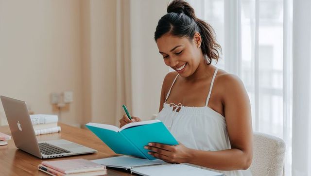 Smiling asian woman writing in turquoise notebook at bright minimalist home workspace