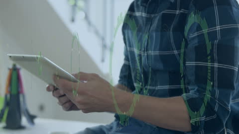 Man Interacting with Digital Tablet and Data Overlay