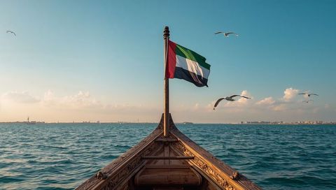 Carved dhow bow gliding across arabian gulf flying uae flag at golden hour with seagulls