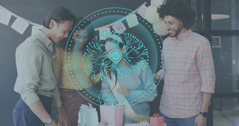 Coworkers celebrating office gift exchange with balloons, pastel decor and AI tech overlay