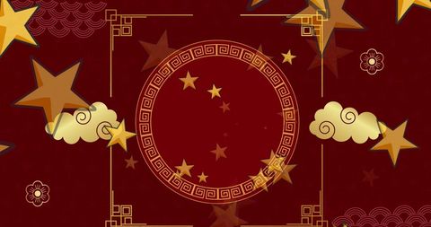 Chinese Traditional Festive Decorations with Stars and Red Background