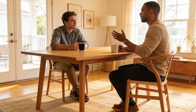 Two Men Chatting Over Coffee at Wooden Dining Table in Bright Sunlit Home
