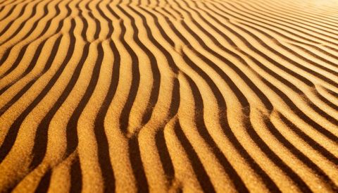 Golden sand ripples and shadow patterns on wind-sculpted desert dunes, close-up